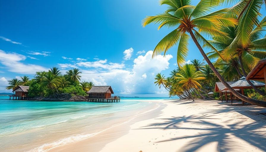 Scenic views of a vibrant tropical beach with palm trees and huts.