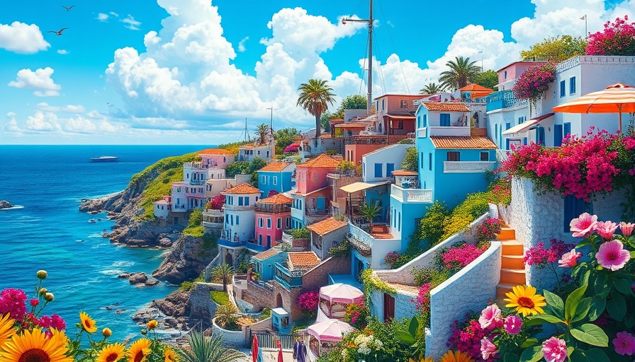 Scenic views of a vibrant coastal village with colorful houses and flowers.