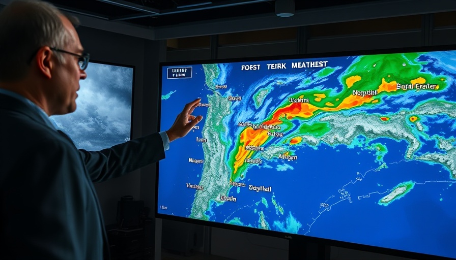 Meteorologist forecasts Gulf Coast rainfall patterns with radar map.