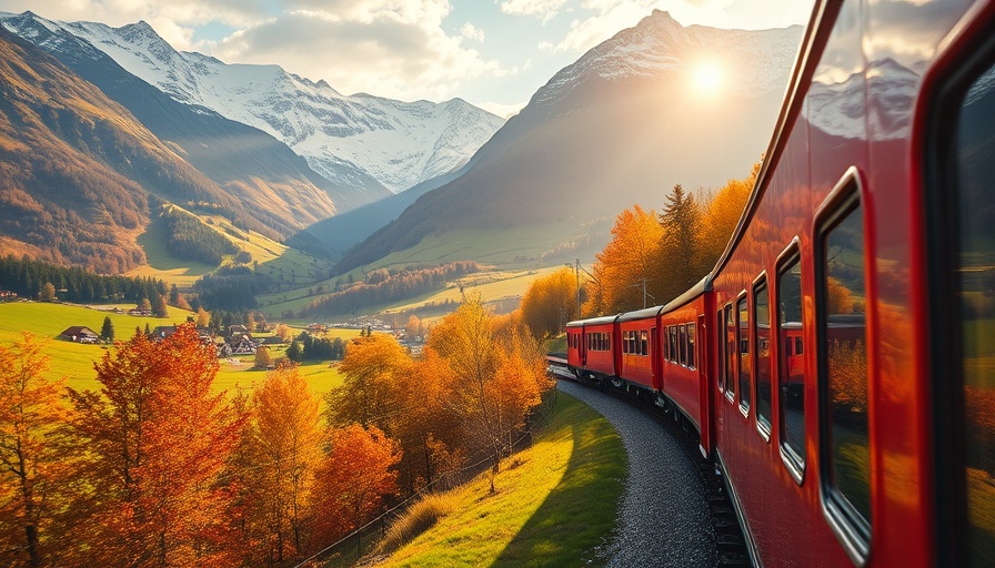 Scenic views of Switzerland's autumn landscape with a vibrant red train.