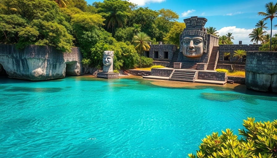 Travel Destinations: Tulum's coastal ruins and art sculpture with clear skies.