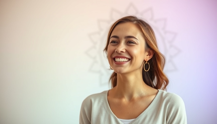 Cheerful woman discussing energy alignment with chakras, soft gradient background.