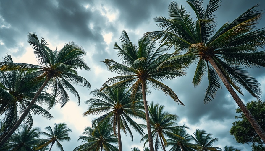 Storm Season Safety: Palm trees swaying in stormy winds.
