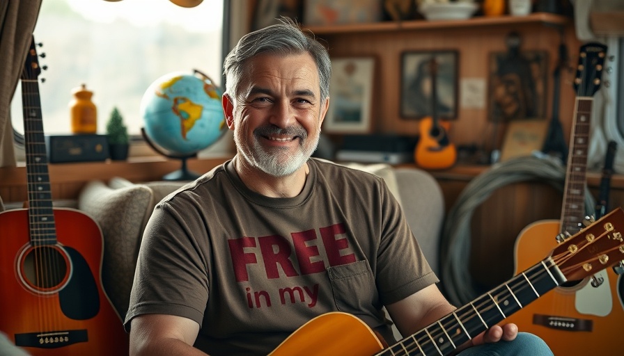 Man in RV-themed room with guitars and travel decor.