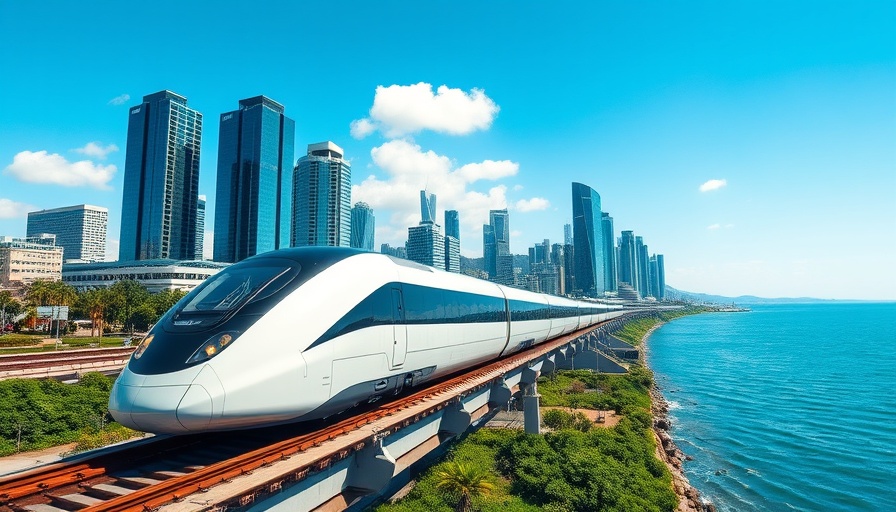 High-speed train in urban cityscape with scenic waterfront views.