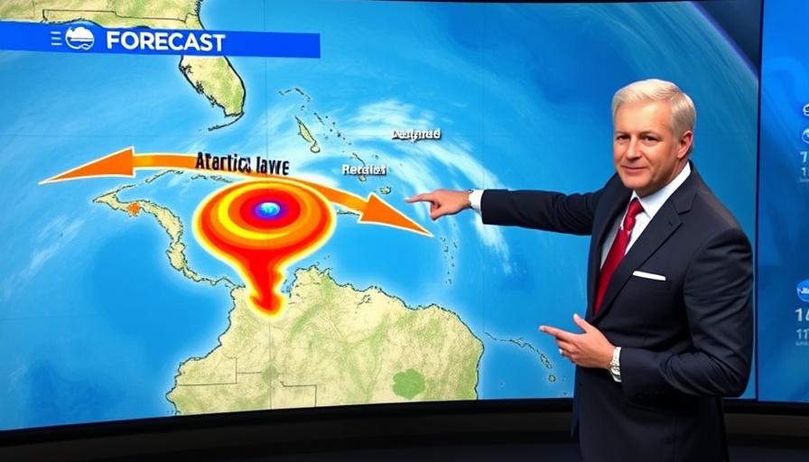 Tropical wave monitor Atlantic forecast with presenter pointing.