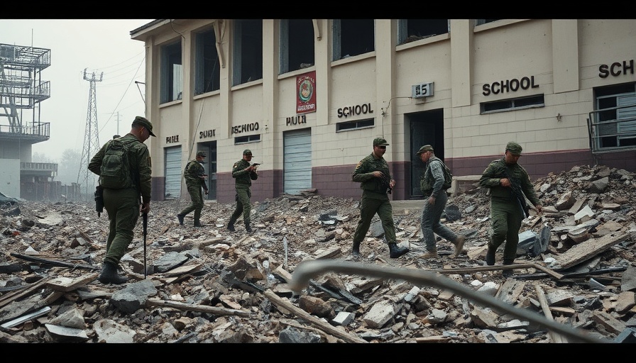 Military personnel assess jet crash aftermath at a school.