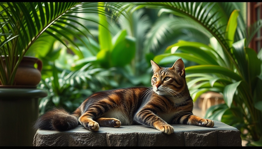 Hemingway's six-toed cats in a lush garden, vintage film style.