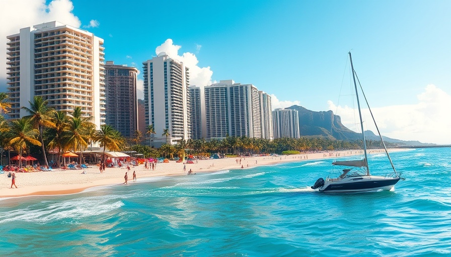 Scenic views in Waikiki with beachfront and sailing yacht.