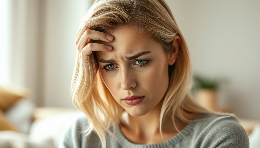 Woman with headache, reflecting on migraines and sexuality, stress evident.