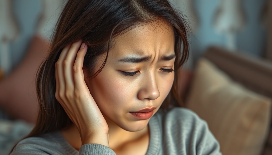 Woman with migraine holding her forehead, cozy setting.