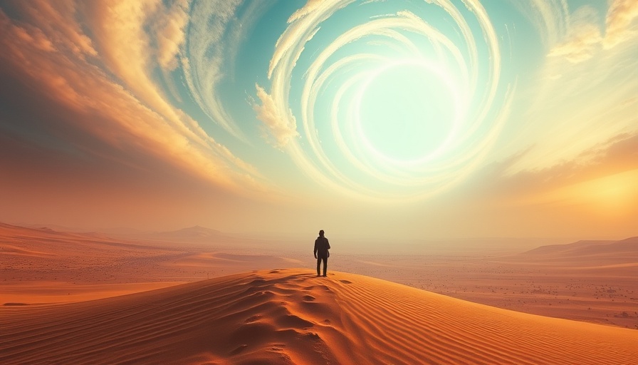 Mystical scene of a person looking at a glowing portal in a desert.