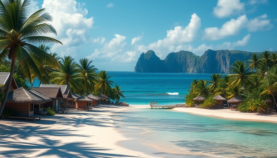 Scenic views of a tropical beach in the Philippines with palm trees and huts.