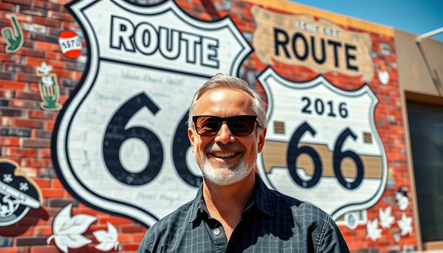 RV Travel on Route 66 mural with smiling man