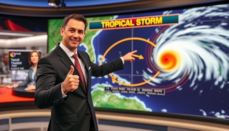 Weather presenter tracking tropical storm patterns on air.