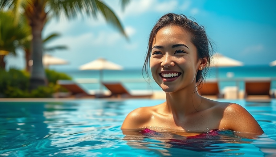 Woman enjoying swimming in a tranquil tropical resort pool.