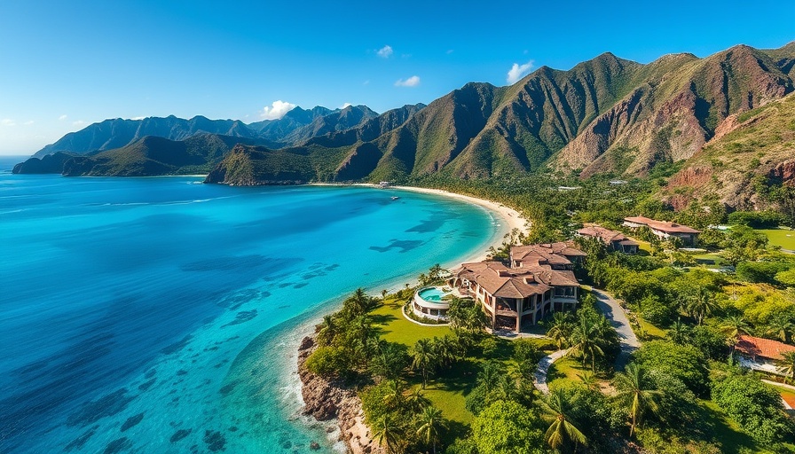 Aerial view of Punta Mita's scenic travel destination, featuring villas by a turquoise bay.