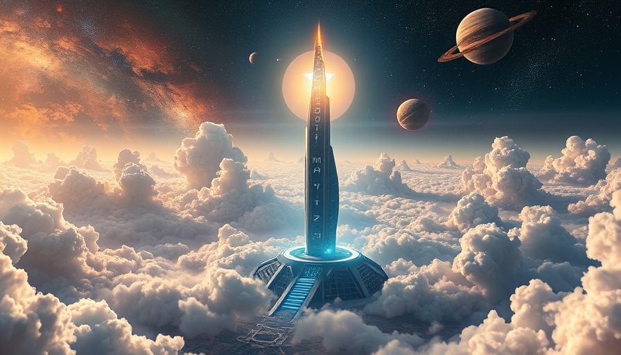 Futuristic cosmic scene with glowing tower and planets, empathy theme, colorful.
