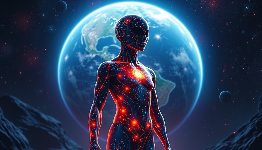 Futuristic humanoid with cosmic skin against digital Earth.