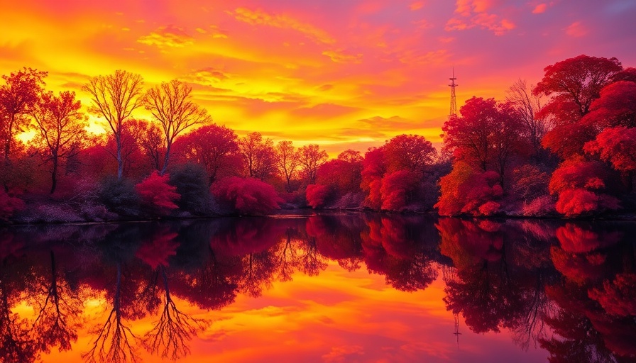 Surreal landscape at sunset with vibrant tree reflections.