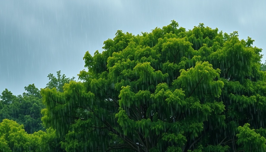 Central Florida storm showcasing heavy rain on lush trees.