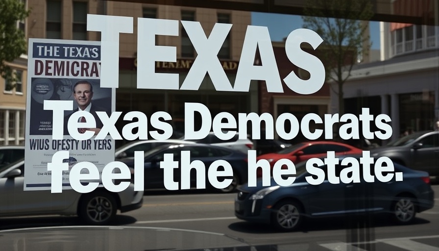 Window with political posters and text about Texas Democrats leaving.