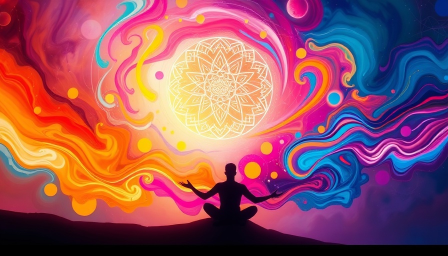 Ethereal abstract scene with figure meditating and vibrant colors.