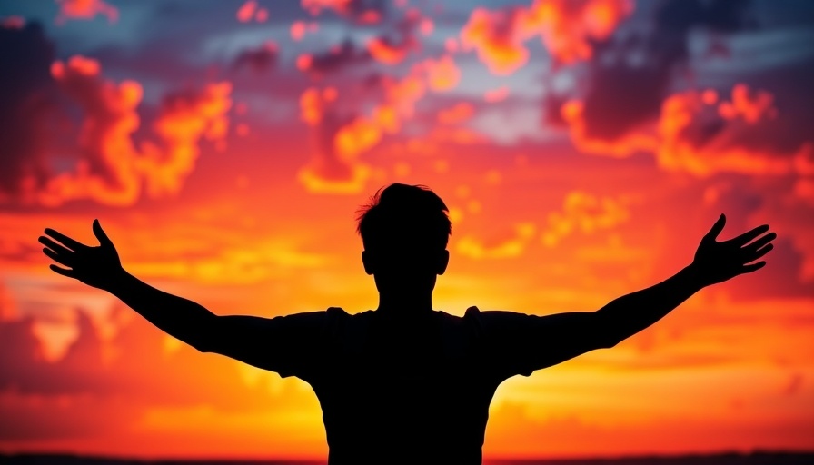 Silhouette manifesting in sunset colors, arms wide open.