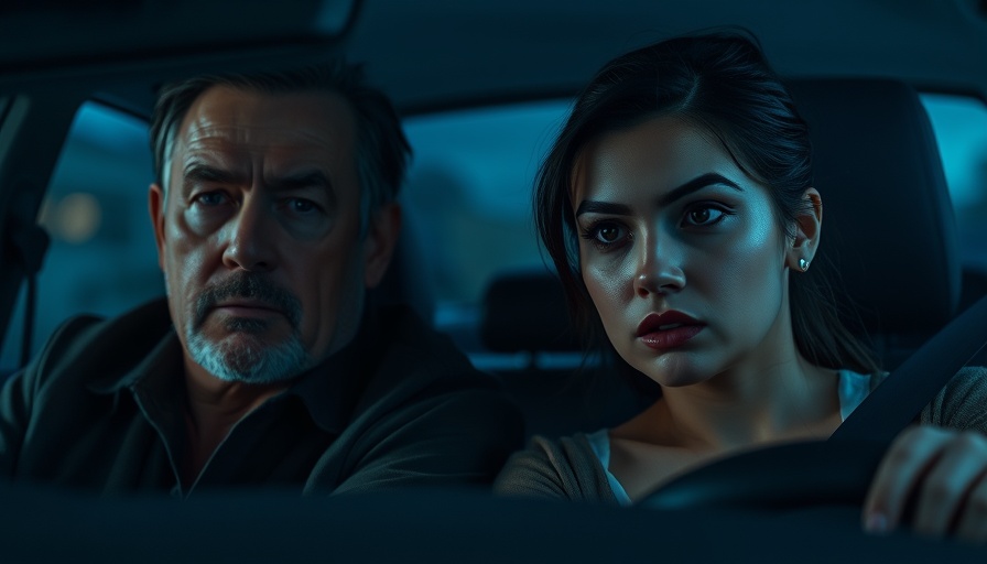 Tense scene in car with man and woman in small town chaos movie.