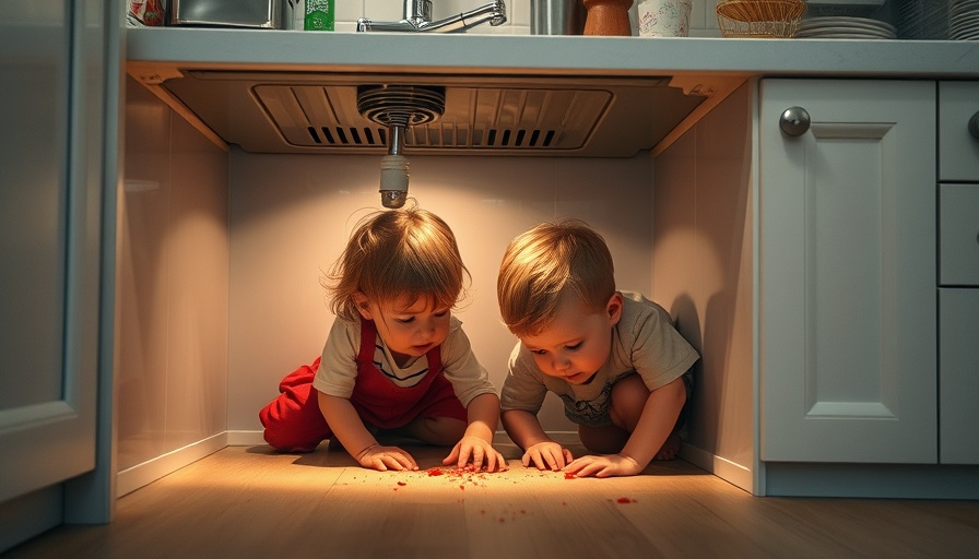 Children exploring under kitchen sink, potential household dangers.