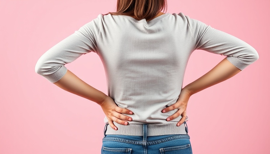 Woman grimacing with back pain, holding her lower back, pink background