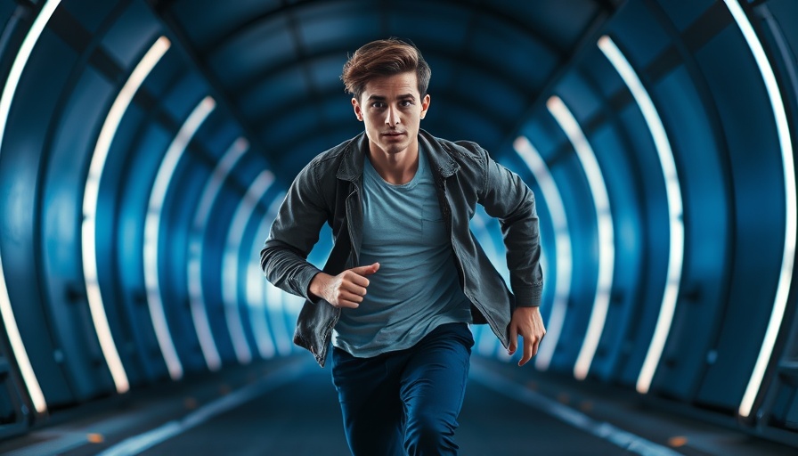 Young man running in a futuristic tunnel, dream career activation.