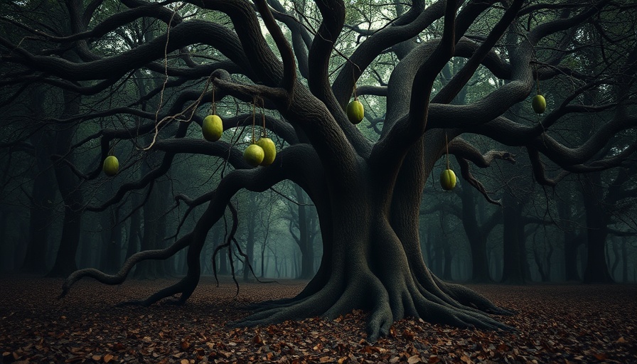 Ominous dangerous tree in Florida with green fruit and branches.