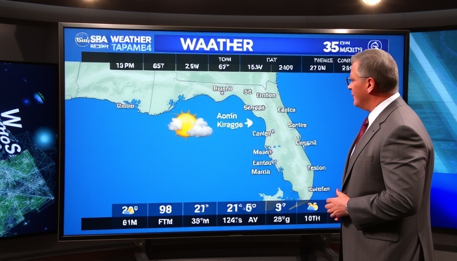 Tampa weather forecast on news screen with temperature map.