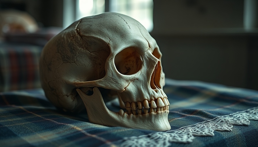 Photograph of Lewis Thornton Powell's skull in Central Florida, displayed on plaid fabric with lace.