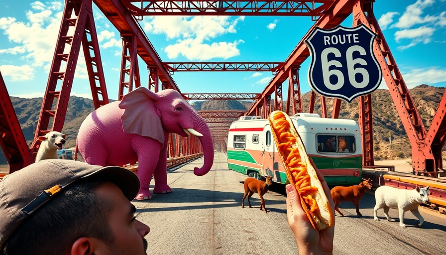 RV Travel on Route 66 with a pink elephant and corndog.