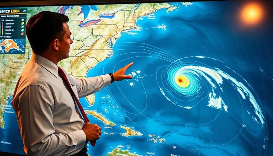 Forecaster explains Tropical Storm Erin path on digital map.