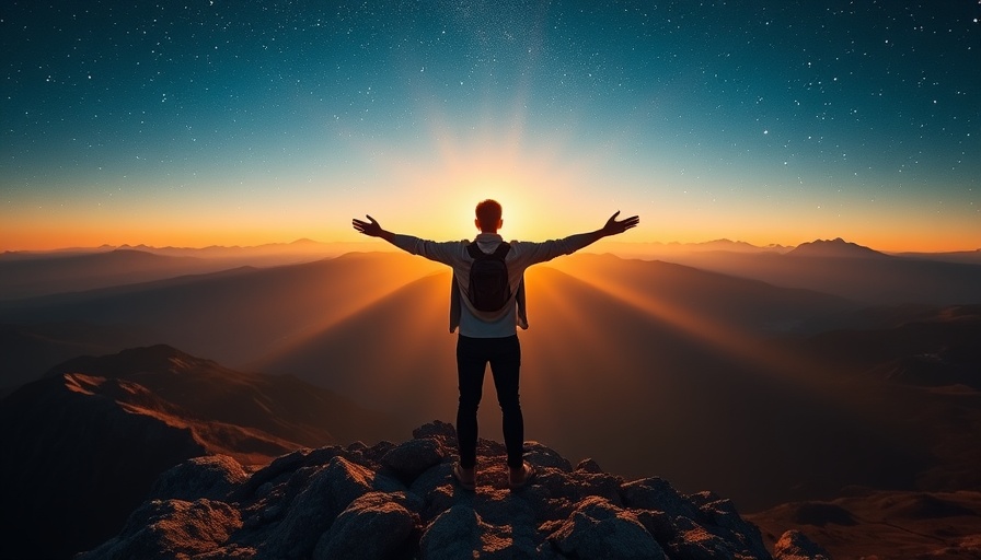 Manifest money - person embracing new opportunities at sunrise on a mountain.