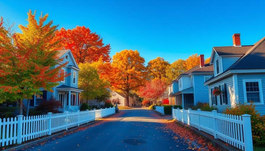 Stunning aerial views of vibrant fall foliage in New England town.