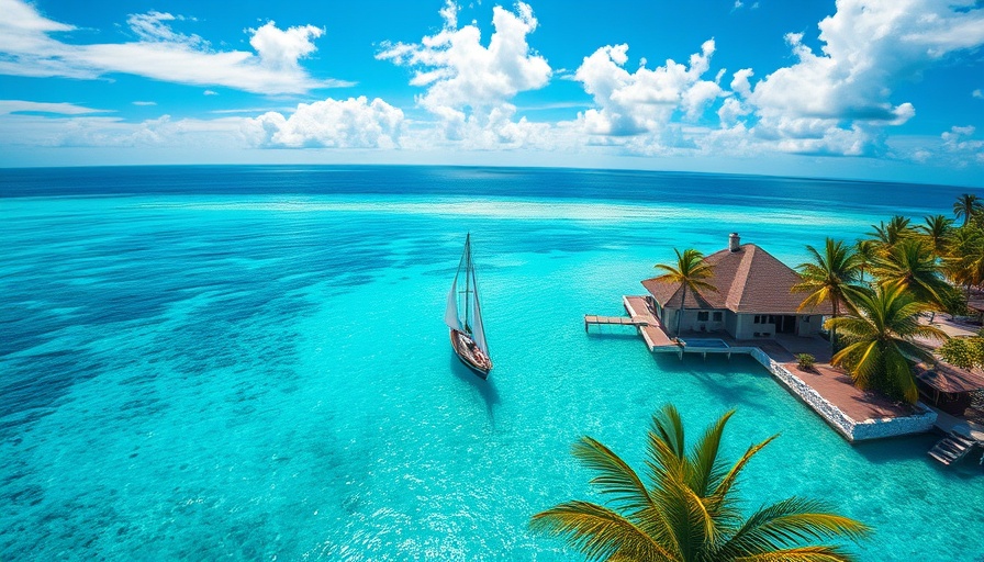 Scenic Views of a tropical beach with villa, sailboat, and clear waters.