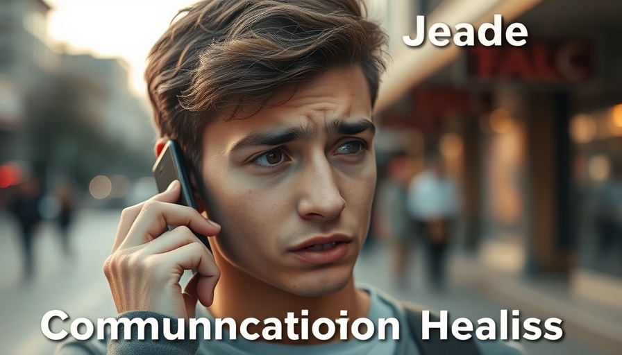 Young man using smartphone with health risk warning, health and wellness theme.
