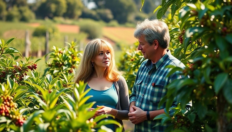 Coffee farming in California with mature farmer discussing expansion.
