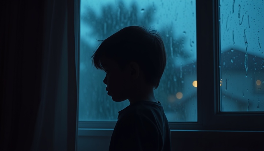 Silhouetted child gazing out rainy window, cinematic and atmospheric.