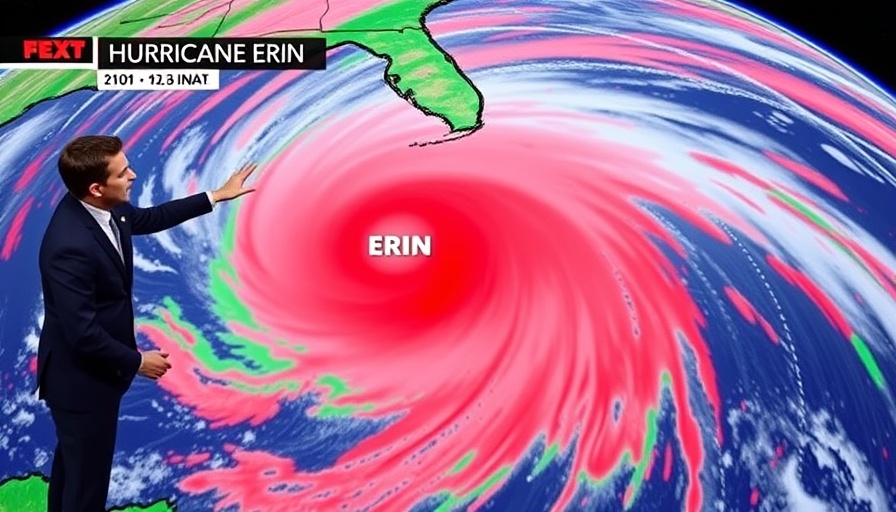 Hurricane Erin Category 4 satellite view on TV, meteorologist presenting