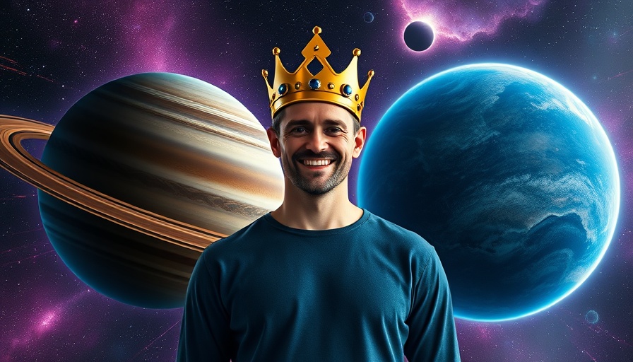 Man stargazing with planets in cosmic background, vibrant colors.