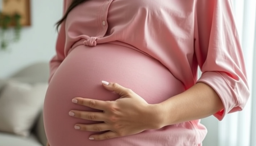 Pregnant woman cradling belly, soft indoor lighting.