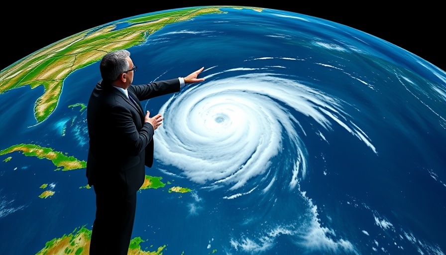 Meteorologist on 3D map showing Hurricane Erin path, weather update.