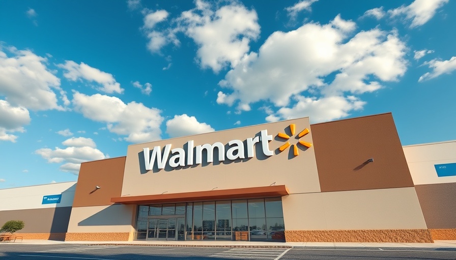 Walmart store exterior with cloudy sky backdrop.