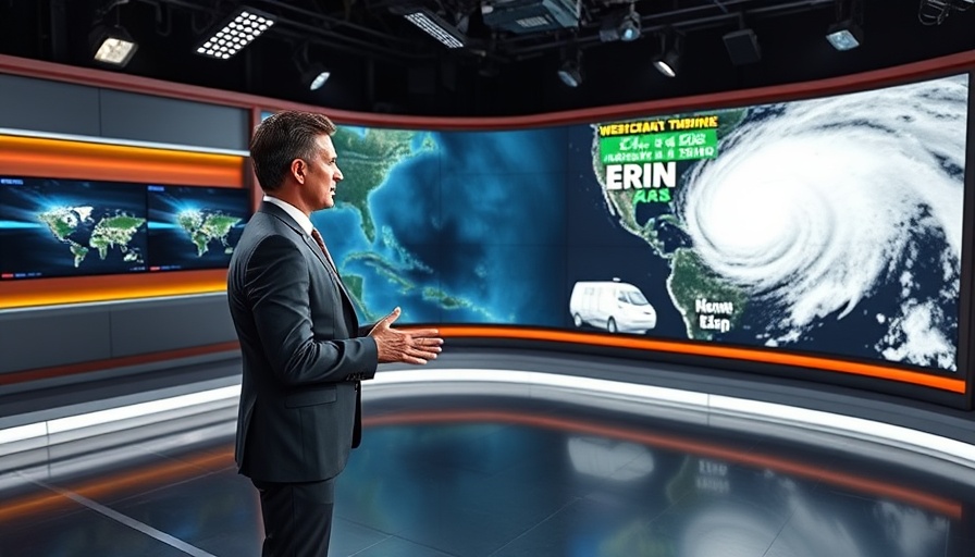 Weather presenter discusses Hurricane Erin path in modern studio
