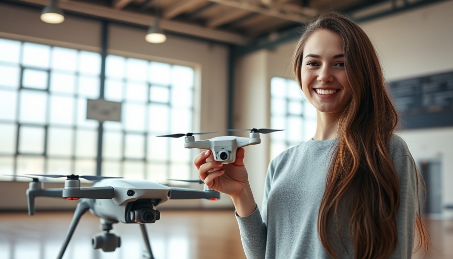 Female-led drone team member showcasing drones in indoor setting.